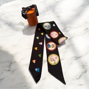 Designer Black Silk Scarf with Colorful Heart and Circle Patterns